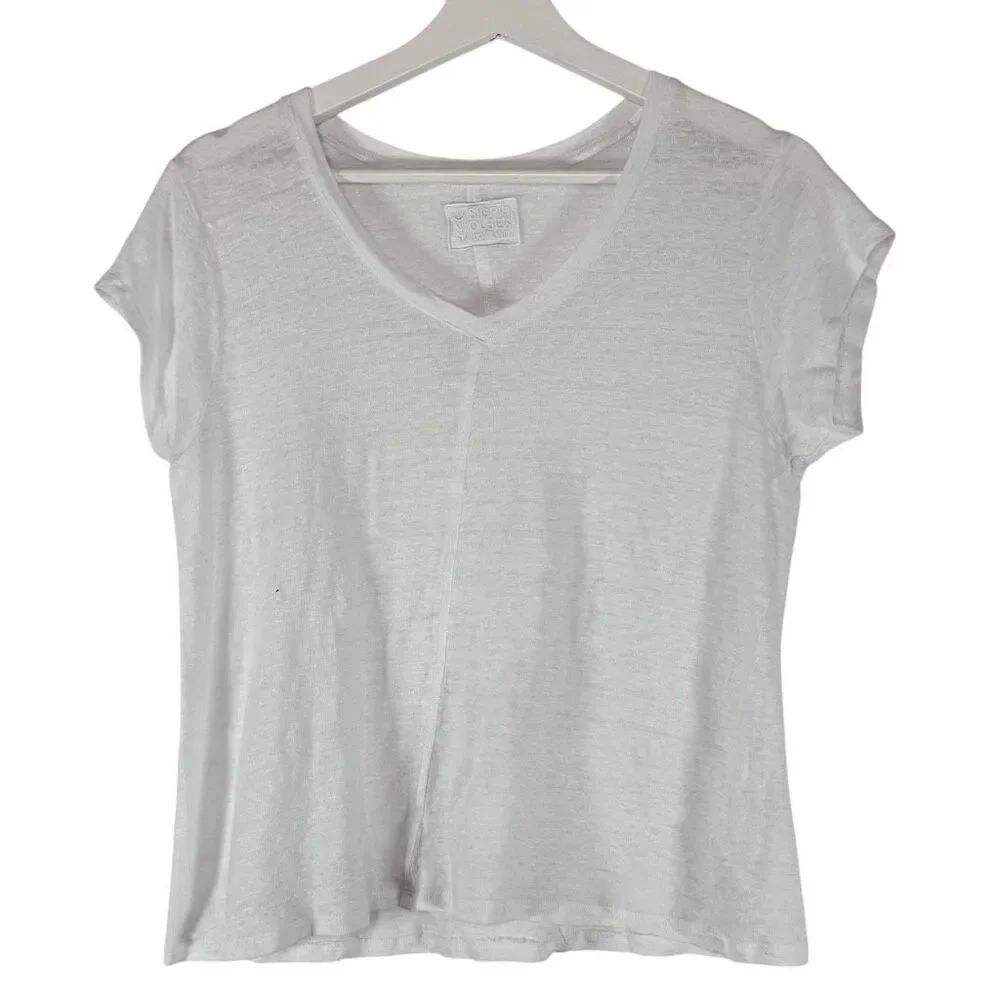 Sigrid Olsen 100% Linen White V Neck Lightweight Signature Center Seam T Shirt -